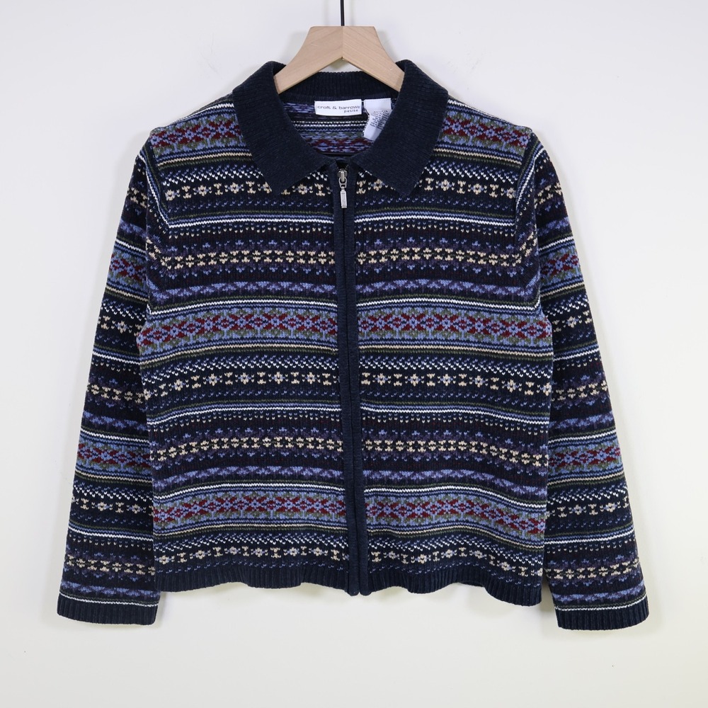 Vintage Croft & Barrow Fair Isle Zip Up Cardigan‎ Sweater PM Petite Knit